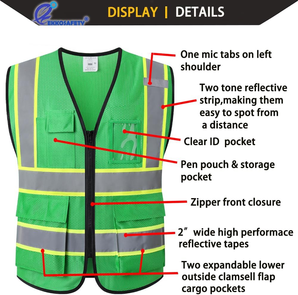 Reflective Mesh Safety Vest for Men Women with 5 Pockets and Zipper Front High Visibility Mesh Vest Hi Vis Construction Work Vest,Meets ANSI/ISEA Standards(EK175-Yellow-L)