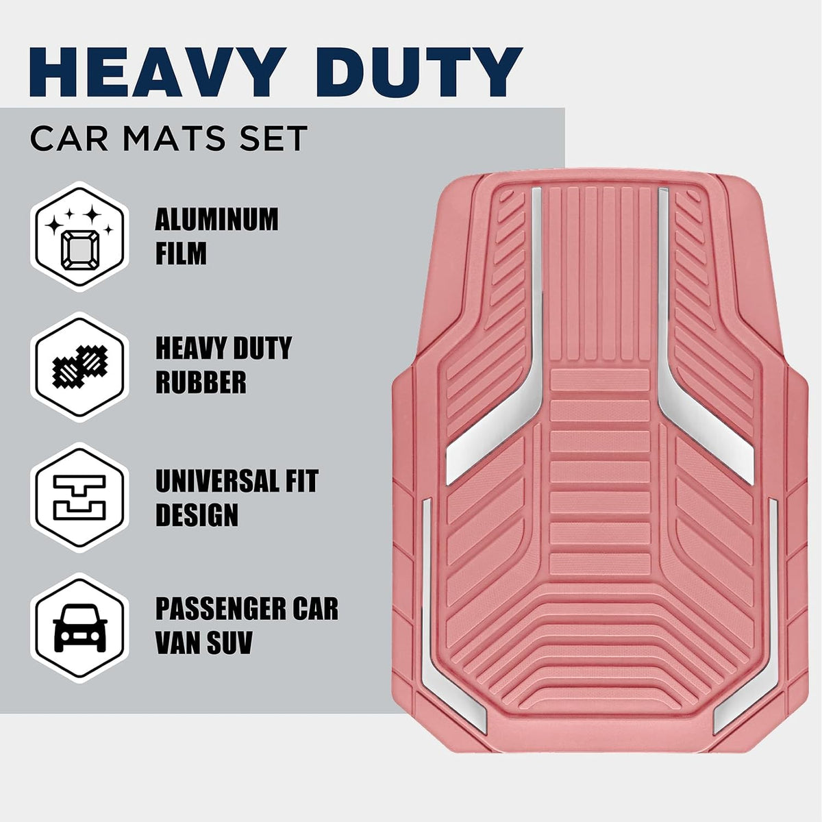 PIC AUTO Heavy Duty Rubber Floor Mats, Purple Aluminum Film Car Mats Set, Front and Rear Car Mats with Anti-Slip Backing, All Weather Protection, Trim-to-Fit for Automotive SUV, Sedan, Van