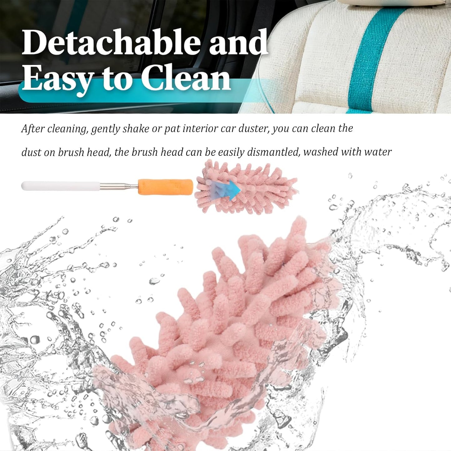2PCS Car Duster Interior with Bendable Head & Retractable Extension Pole,Pink Microfiber Duster for Car Interior Detailing Cleaning,Universal Cars Interiors Dusters Cars Tools
