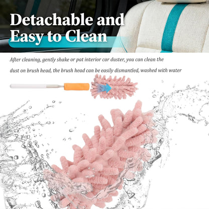 2PCS Car Duster Interior with Bendable Head & Retractable Extension Pole,Pink Microfiber Duster for Car Interior Detailing Cleaning,Universal Cars Interiors Dusters Cars Tools