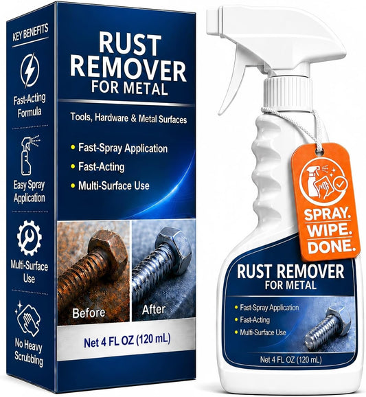Rust Remover Spray for Metal, Highly Concentrated Metal Rust Remover for Car Parts, Tools, Cast Iron & Stainless Steel, Fast-Acting Rust Stain Remover, Spray-On Cleaner (1 Pcs)