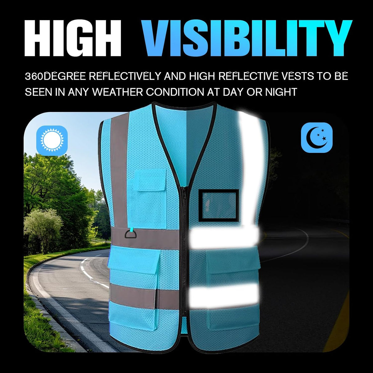 Reflective Mesh Safety Vest, Breathable Hi Vis Vest Construction Work with 5 Pockets and Zipper for Men Women
