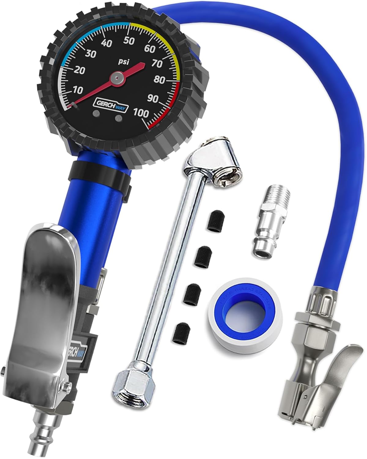 GERCHWAY Tire Inflator with Pressure Gauge and Longer Hose - Most Accurate, Heavy Duty Air Chuck with Gauge for Air Compressor Tire Inflator Attachment - 100PSI