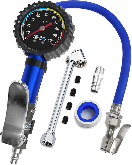 GERCHWAY Tire Inflator with Pressure Gauge and Longer Hose - Most Accurate, Heavy Duty Air Chuck with Gauge for Air Compressor Tire Inflator Attachment - 100PSI