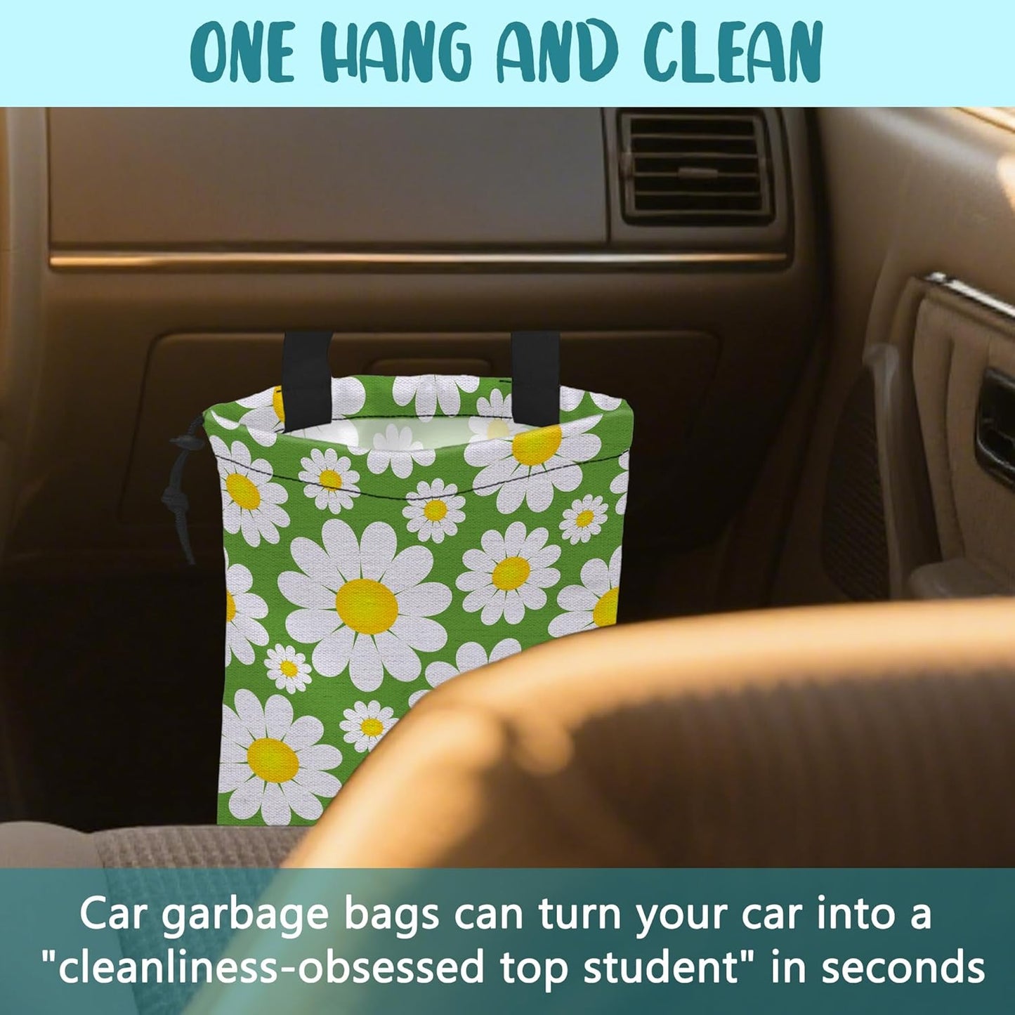 Car Garbage Bag Colorful Floral Spring Daisy Drawstring Car Trash Bag Hanging for Back Seat with Adjustable Buckle Canvas Vehicle Trash Can Easy-to-Install