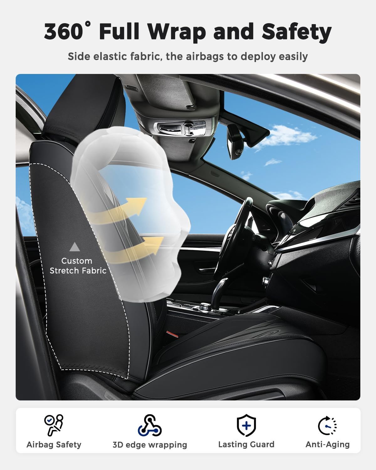 Huidasource Coffee Seat Covers Full Set, Universal Fit for Most Cars Trucks SUV, Full Coverage Leather Seat Cover, Airbag, Cupholder Compatible, Velcro Adjustable, Heaating/Cooling Function Retain