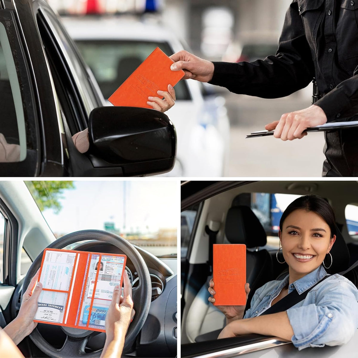 Car Registration and Insurance Card Holder for Women Men, Orange Glove Box Paperwork Organizer with Magnetic Buckle for Easy Access and Protect Documents and Various Cards in Vehicle