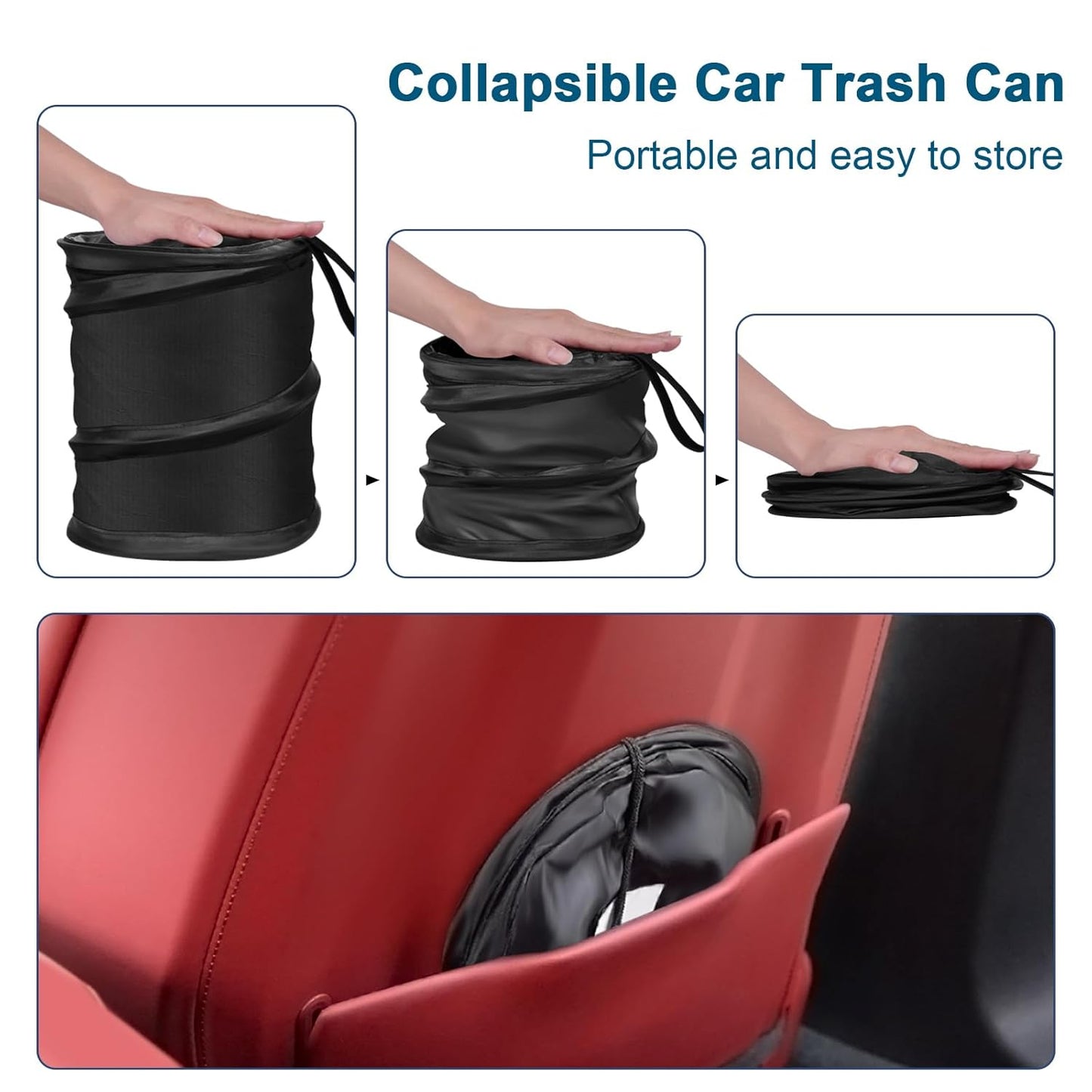 Car Trash Can, 2 Packs Mini Collapsible Pop-up Car Garbage Can, Waterproof Hanging Car Trash Bag with Velcro, Car Trash Bin, Black