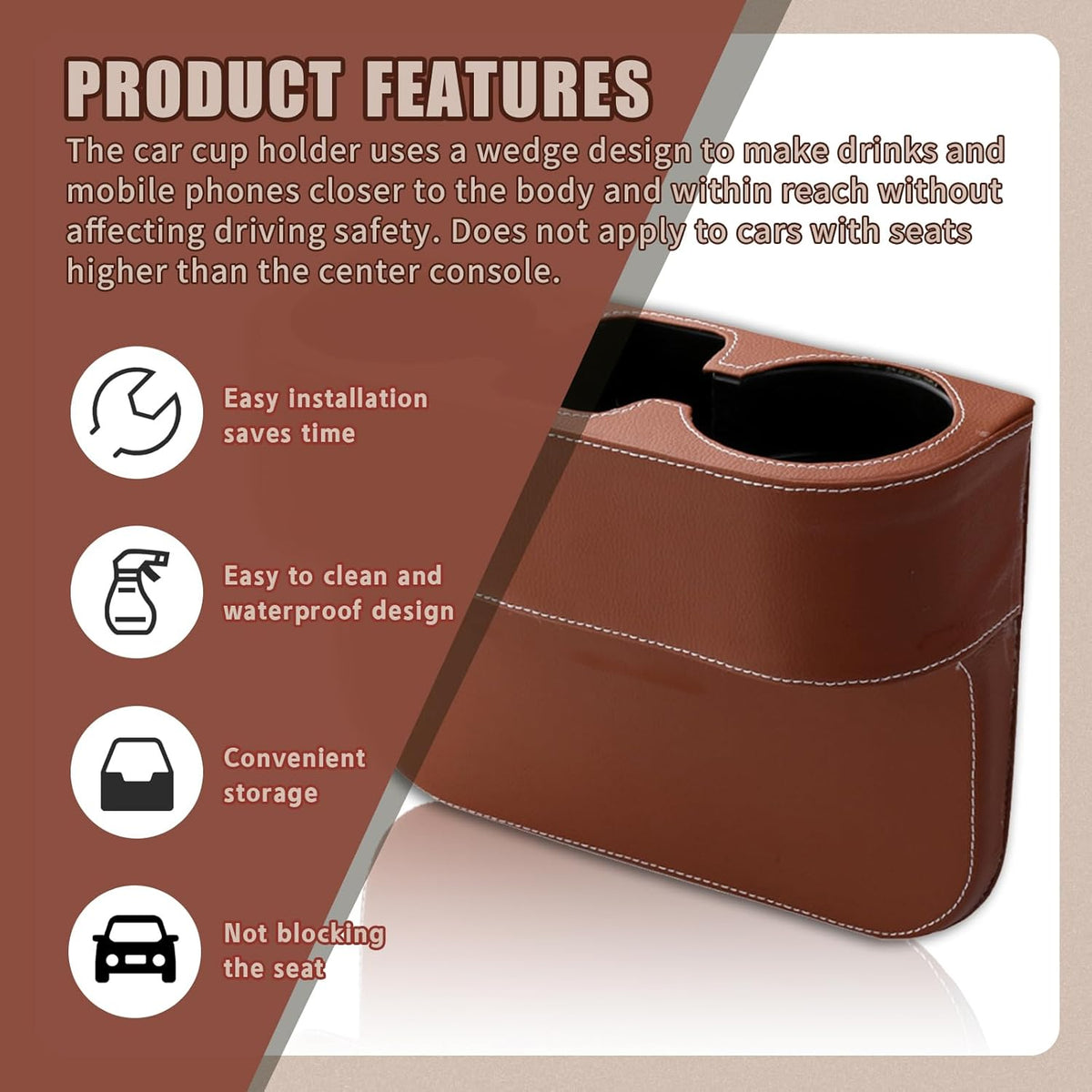 Car Cup Holder, PU Leather Auto Front Seat Organizer, Multifunctional Cup Drink Holders, Gap Filler Storage Box Coin Bucket Console Side Pocket Cell Mobile Phone Holder (Black)
