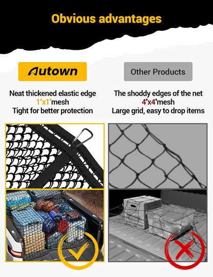 AUTOWN Cargo Net for Pickup Truck Bed - Stretchable 4'x4' to 7'x7', High Elastic Fine Mesh 1''x1'' with 8 Metal Carabiners - Ideal for ATV, SUV, UTV, Truck and Boat Use (Single Layer)