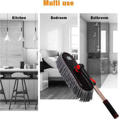 Car Duster Exterior Scratch Free,Car Dust Brush with Extendable Telescoping Handle to Remove Dust Pollen,Duster for Car,Truck,RV and Motorcycle,Large Auto Mop Duster Head, Wax Cotton Hair
