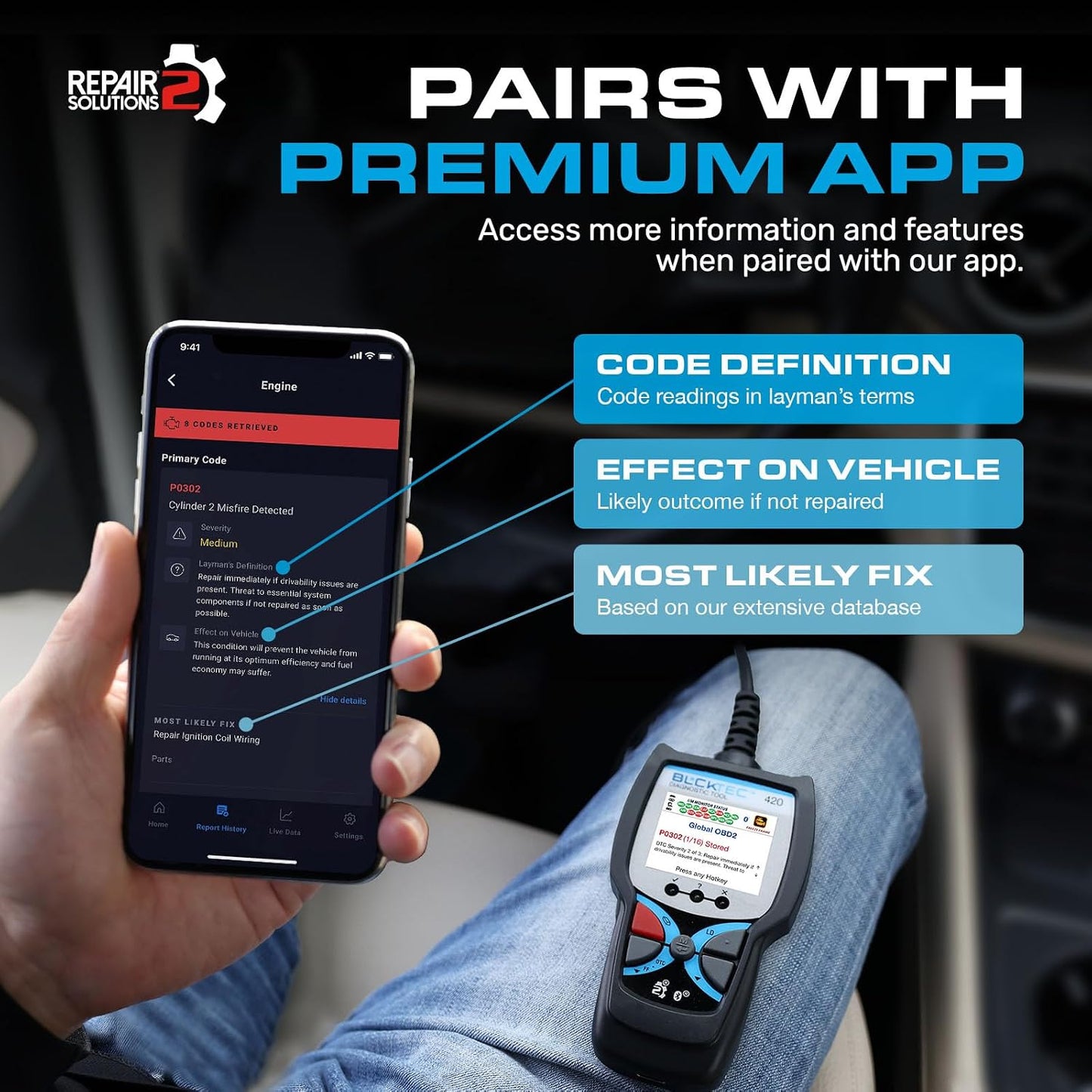 BLCKTEC 420 Bluetooth OBD2 Scanner Diagnostic Tool - Vehicle Code Reader for Car - Clears Check Engine Light - Comes with Premium OBD App On IOS & Android - Works For All Cars 1996 & Newer