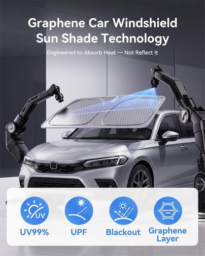 helloleiboo Graphene Car Windshield Sun Shade Car Sun Shade for Windshield with Heat Absorption Coating Foldable Design with UV Protection to Keep Your Car Interior Cooler Silver (X-Large-61 × 34 in)