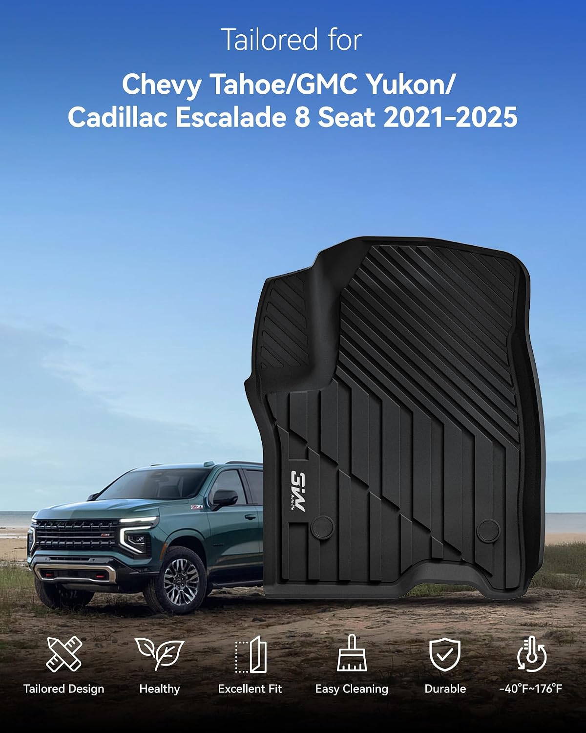 3W Floor Mats & Cargo Liner Fit for 2021 2022 2023 2024 2025 2026 Chevy Tahoe/GMC Yukon/Cadillac Escalade 7 Seat, TPE All Weather Custom Fit Car Accessories Heavy Duty Rubber Full Set Trunk Mats - Colors A