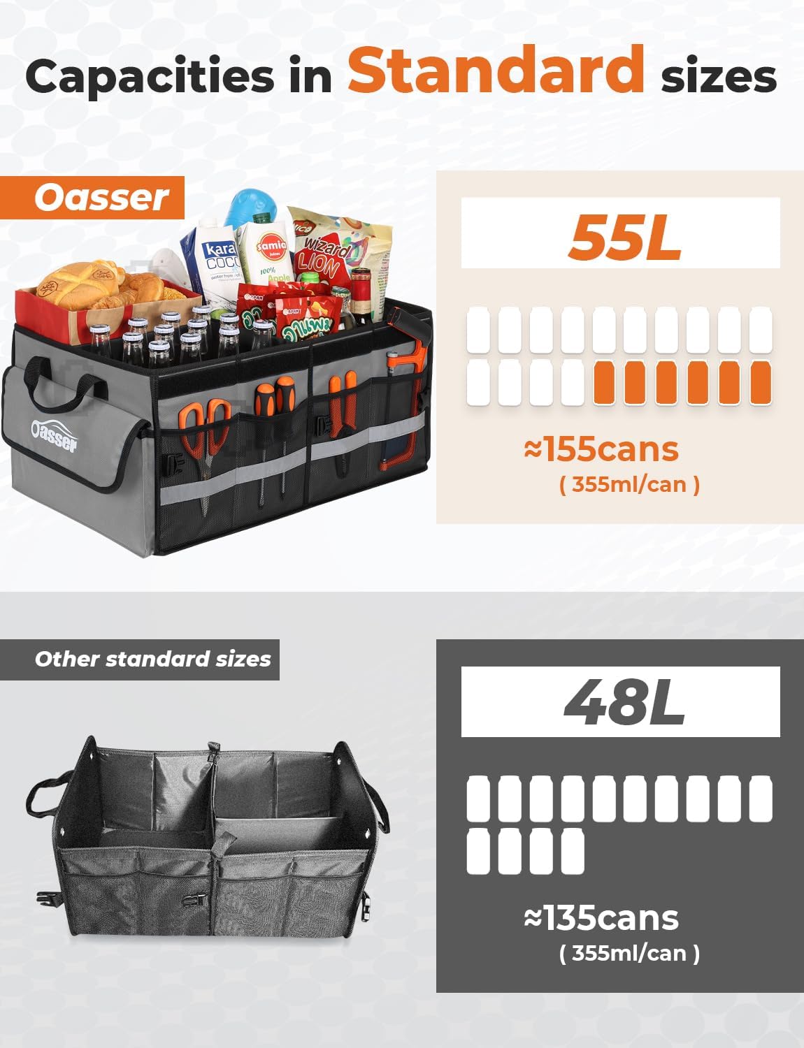 Oasser Car Trunk Organizer, 3 Compartments Collapsible Waterproof Car Organizer Storage with Foldable Cover, Reflective Strip, Non-Slip Bottom, 4 Mesh Pockets for SUV/Truck/Sedan/Camping/Road Trip