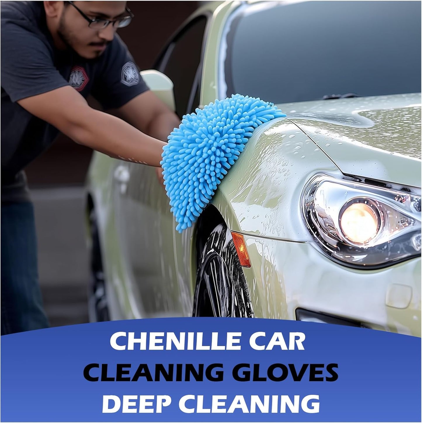 4Pcs Car Wash Mitt Microfiber Gloves Chenille Material Microfiber Towels for Car Washing Supplies Kit Scratch Free Cleaning Fluorescent Green + Royal Blue