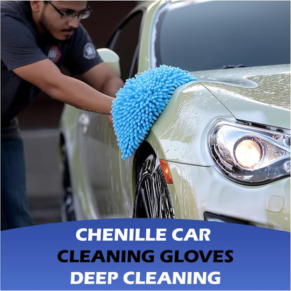 4Pcs Car Wash Mitt Microfiber Gloves Chenille Material Microfiber Towels for Car Washing Supplies Kit Scratch Free Cleaning Fluorescent Green + Royal Blue