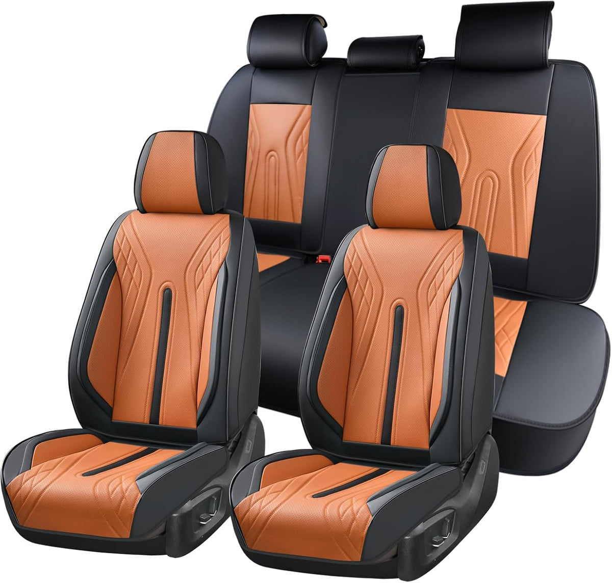 Huidasource Coffee Seat Covers Full Set, Universal Fit for Most Cars Trucks SUV, Full Coverage Leather Seat Cover, Airbag, Cupholder Compatible, Velcro Adjustable, Heaating/Cooling Function Retain