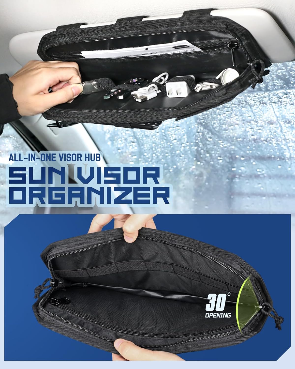 Molle Car Sun Visor Organizer with Zipper Storage Pouch & Glasses Holder, Auto Semi-Rigid MOLLE Panel for Police Gear & Overland Accessories, Fit Most Cars, Trucks, Patrols & Vans