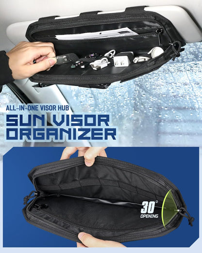 Molle Car Sun Visor Organizer with Zipper Storage Pouch & Glasses Holder, Auto Semi-Rigid MOLLE Panel for Police Gear & Overland Accessories, Fit Most Cars, Trucks, Patrols & Vans