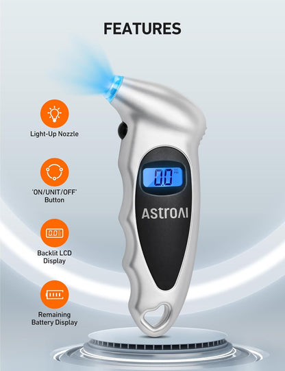 AstroAI Digital Tire Pressure Gauge 0-150PSI Calibrated to ANSI B40.7 +/-1PSI, 4 Units for Car Truck with Backlight LCD, Silver, 2Pack