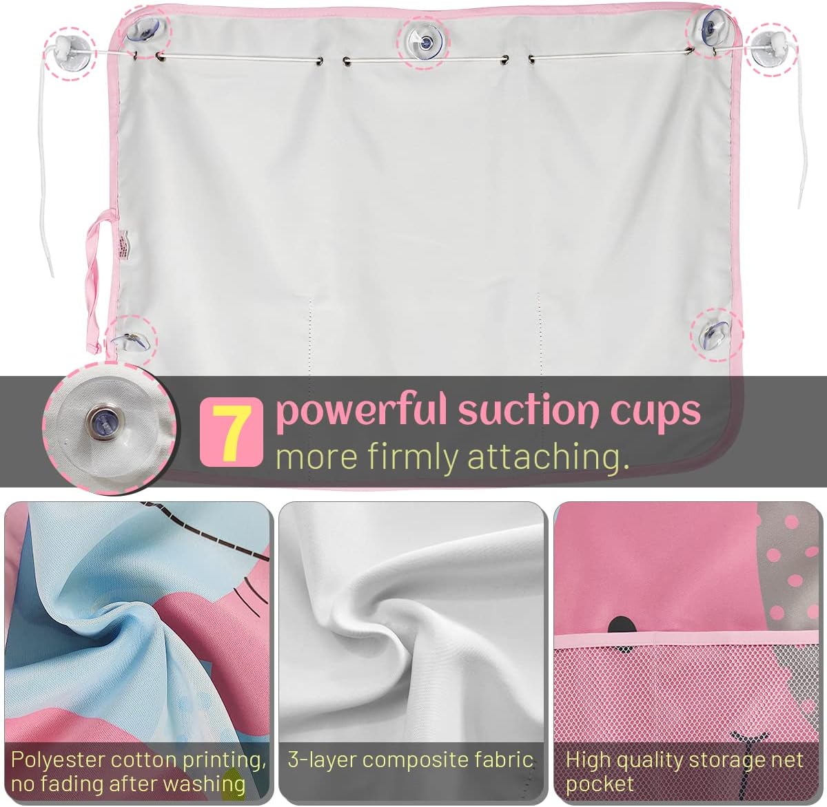 Car Sun Shade Side Window, 2 Pcs Blackout Car Window Shade for Baby Privacy with Storage Net Pockets Auto Curtains 7 Suction Cups for Heat/UV Protection Sun Block Covers