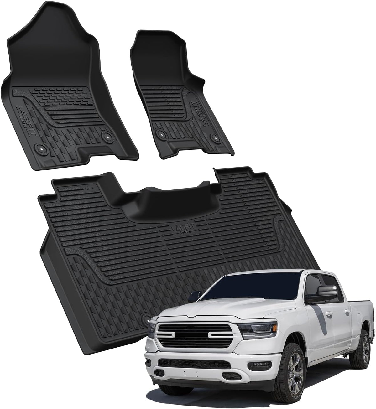 LASFIT Floor Mats for 2019-2025 2026 Ram 2500/3500 Crew Cab Bucket Seat for Carpet & Vinyl Floor (NOT fit Model with PTO Kit), All Weather TPE Custom Fit Car Mats Floor Liners 1st & 2nd Row, Black