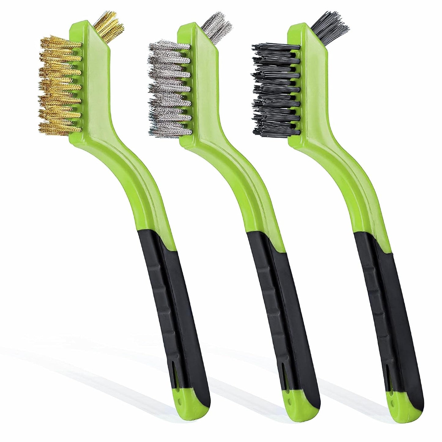 Lavaxon Wire Brush Set 3Pcs - Nylon/Brass/Stainless Steel Bristles with Curved Handle Grip for Rust, Dirt & Paint Scrubbing with Deep Cleaning – 7 Inches (Red)