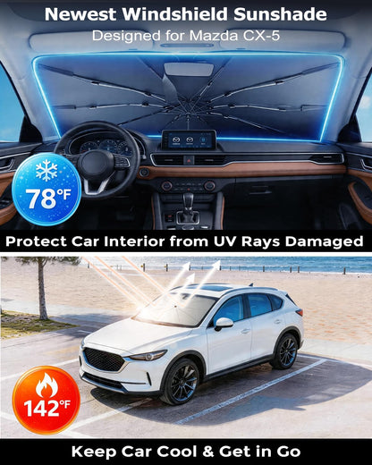 DMJN Umbrella Windshield Sun Shade - Medium, Car Sunshade for Front Windshield [Nano Ice-Crystal Coatings] UPF50+ Heat & UV Block, Protect Interior & Keep Cooler Universal for Car, SUV, Truck