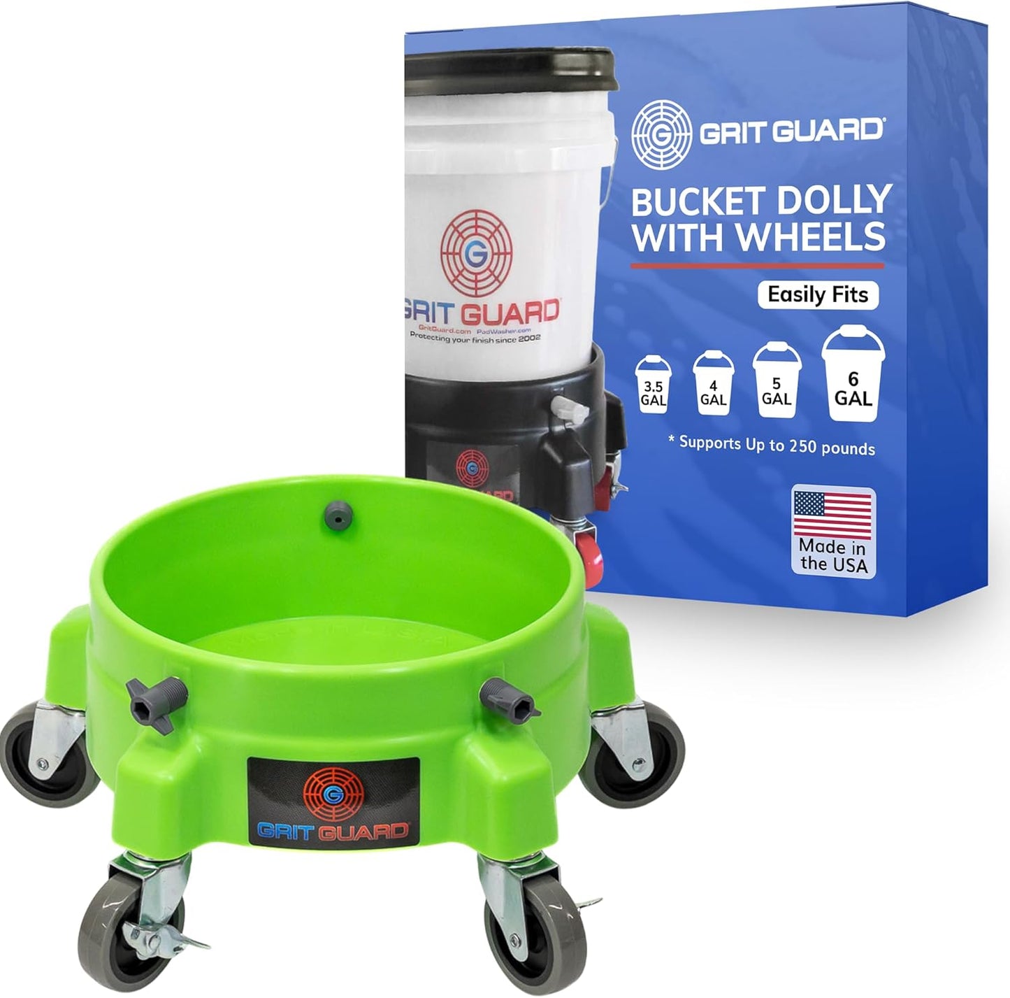 GRIT GUARD Bucket Dolly with Wheels - Rolling Detailing Wash Bucket with 5 Wheels and 2 Locking Casters Compatible with 2.5, 4, 5 and 6 Gallon Buckets (Black, 2" Red Casters) - Made in the USA