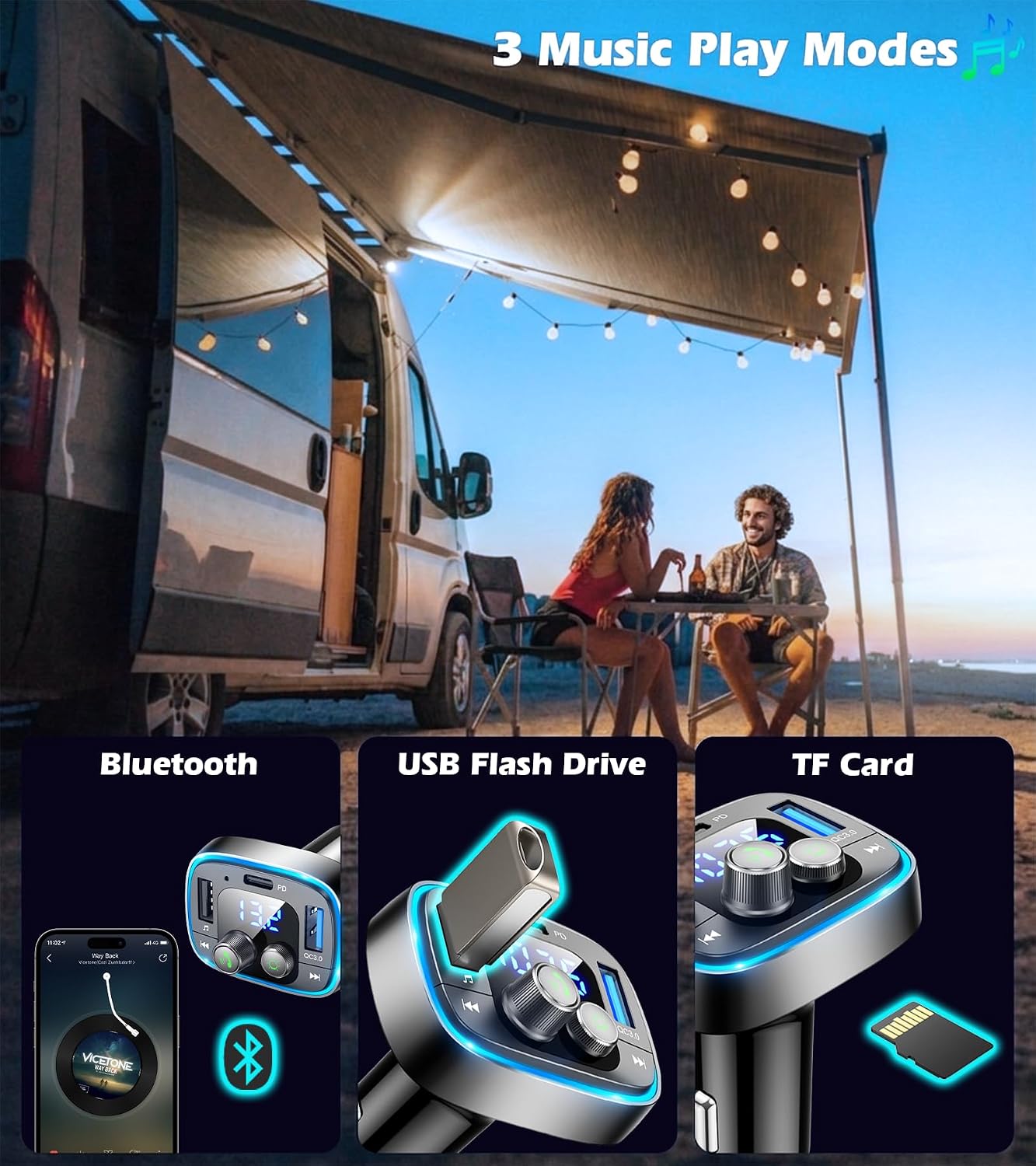 LIHAN FM Transmitter for Car Bluetooth Adapter 5.4,48W PD+QC Fast Charging,Hands-Free Calling,Streams Spotify/Navigation/Music via Car Radio,Wireless Upgrade Non-Bluetooth Cars,USB-C,USB/TF,12V/24V