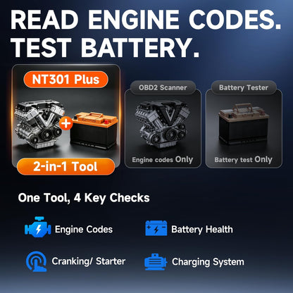 FOXWELL 2-in-1 NT301 Plus OBD2 Scanner with 12V Battery Tester, Check Engine Light Code Reader, Car Battery/Starter/Charging System Test, Live Data Diagnostic Tool for 1996+ OBDII Vehicles
