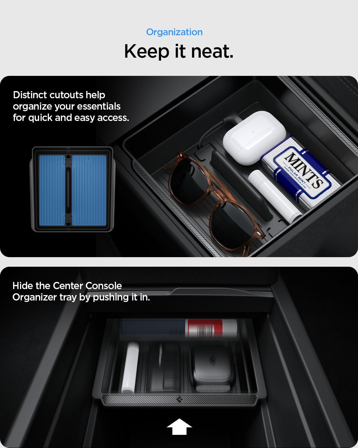 Spigen Center Console Organizer for Tesla Model Y Juniper (Only Premium & Performance 2026) and Model 3 Highland (Standard, Premium & Performance 2024/25/26) with Smooth Slide Technology - [Sliding]