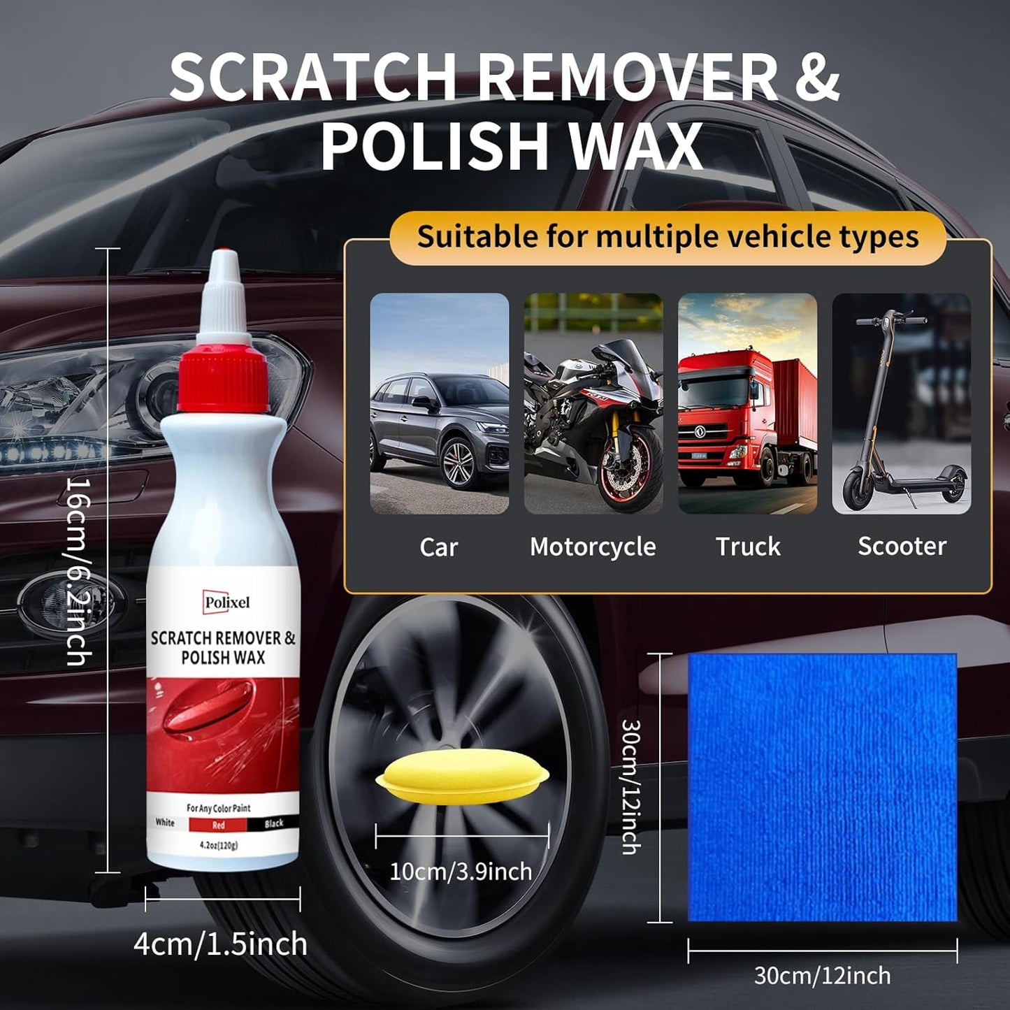Car Scratch Remover Wax & Rubbing Compound for Vehicles Paint Scratch Repair for Light Scratches, Swirl Marks & Scuffs Complete Kit for All Paint Colors with Polishing Pad & Towel 4.2oz