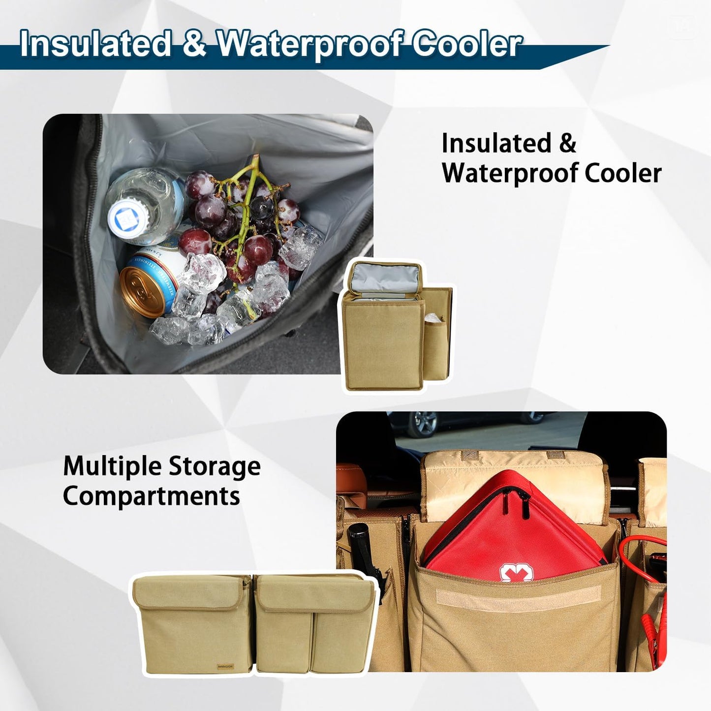Deluxe Trunk and Backseat Organizer for Medium or Large Size SUVs & RVs, Detachable Storage Modules with Built-in Cooler, Patent Pending