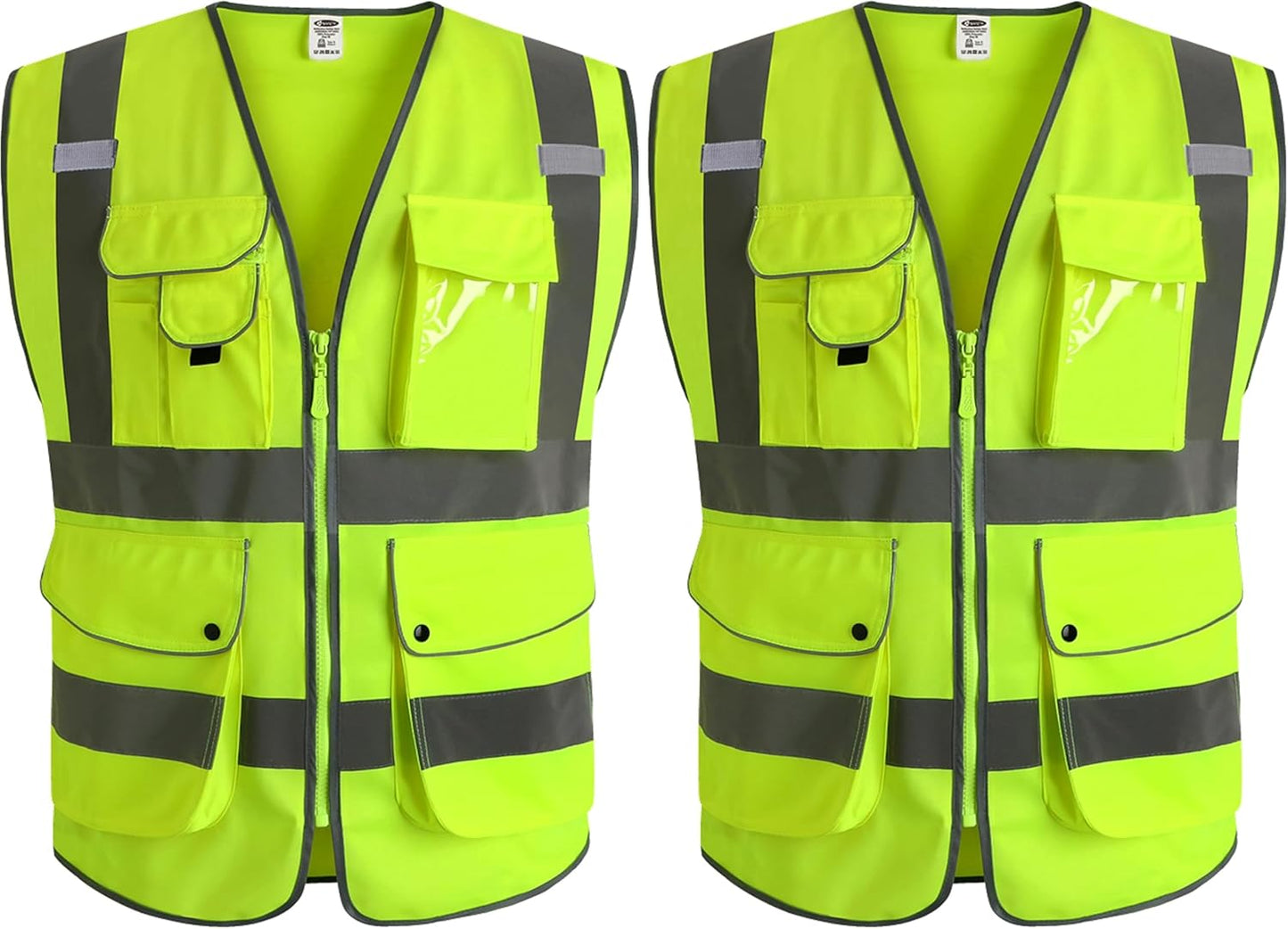 JKSafety 9 Pockets Class 2 High Visibility Zipper Front Safety Vest With Reflective Strips,Meets ANSI/ISEA Standard (Large, 150-Yellow) - Colors A