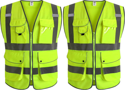 JKSafety 9 Pockets Class 2 High Visibility Zipper Front Safety Vest With Reflective Strips,Meets ANSI/ISEA Standard (Large, 150-Yellow) - Colors A