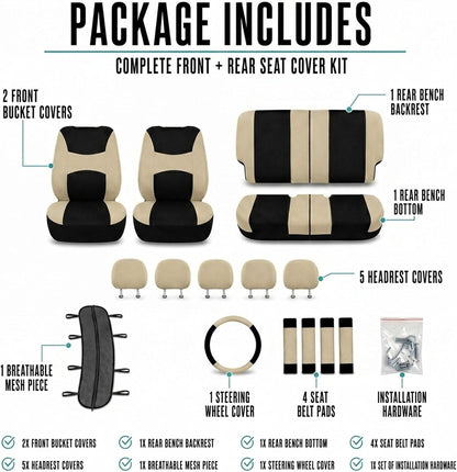 FH Group Full Set Cloth Car Seat Covers, Universal Fit Front and Split Bench Rear, Airbag Compatible, Washable for SUV, Sedan, Van - Black