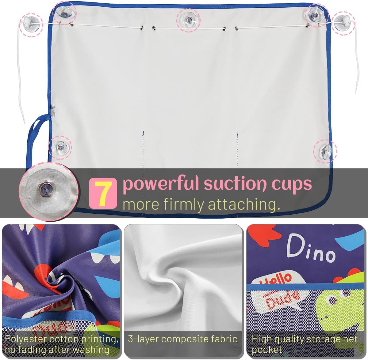 Car Sun Shade Side Window, 2 Pcs Blackout Car Window Shade for Baby Privacy with Storage Net Pockets Auto Curtains 7 Suction Cups for Heat/UV Protection Sun Block Covers