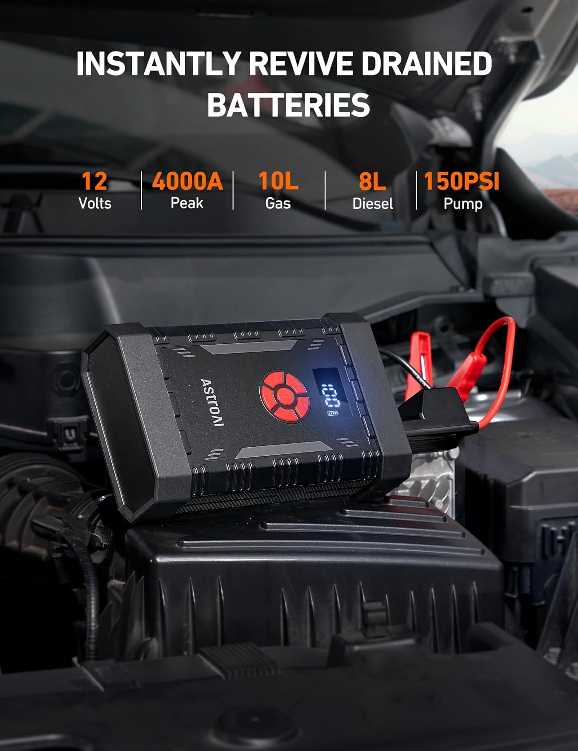 AstroAI S8 Air Jump Starter with Air Compressor, 3000A Peak Car Battery Jump Starter Portable (9.0 Gas/6.5L Diesel) with 150PSI Cordless Auto-Shutoff Tire Inflator, 12V Battery Charger Booster(Orange)