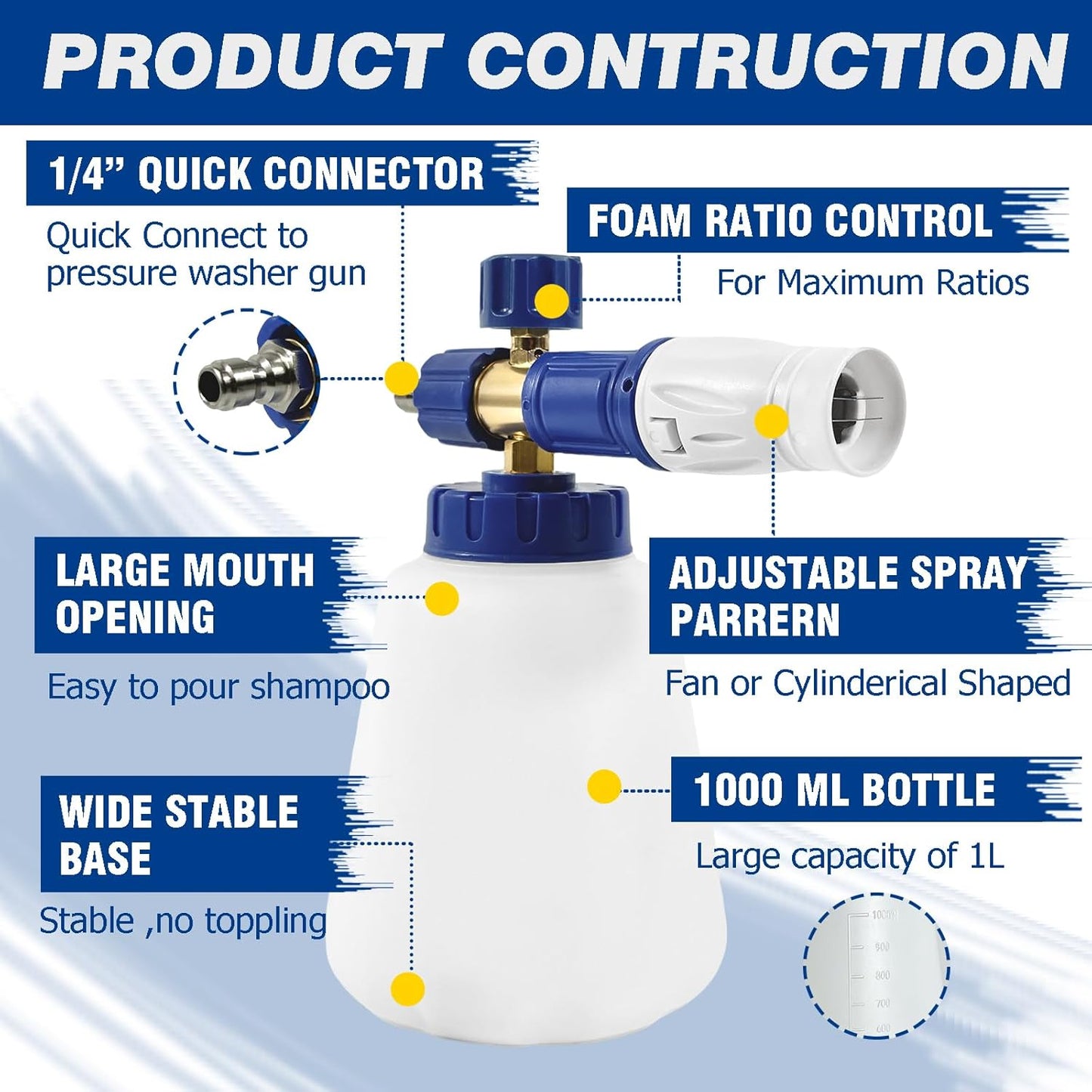 ESP Foam Cannon Snow Foam Lance Pressure Power Jet Washer Quick Release Adjustable Nozzle with 1 Liter Bottle Washing Mitts 1 Towel