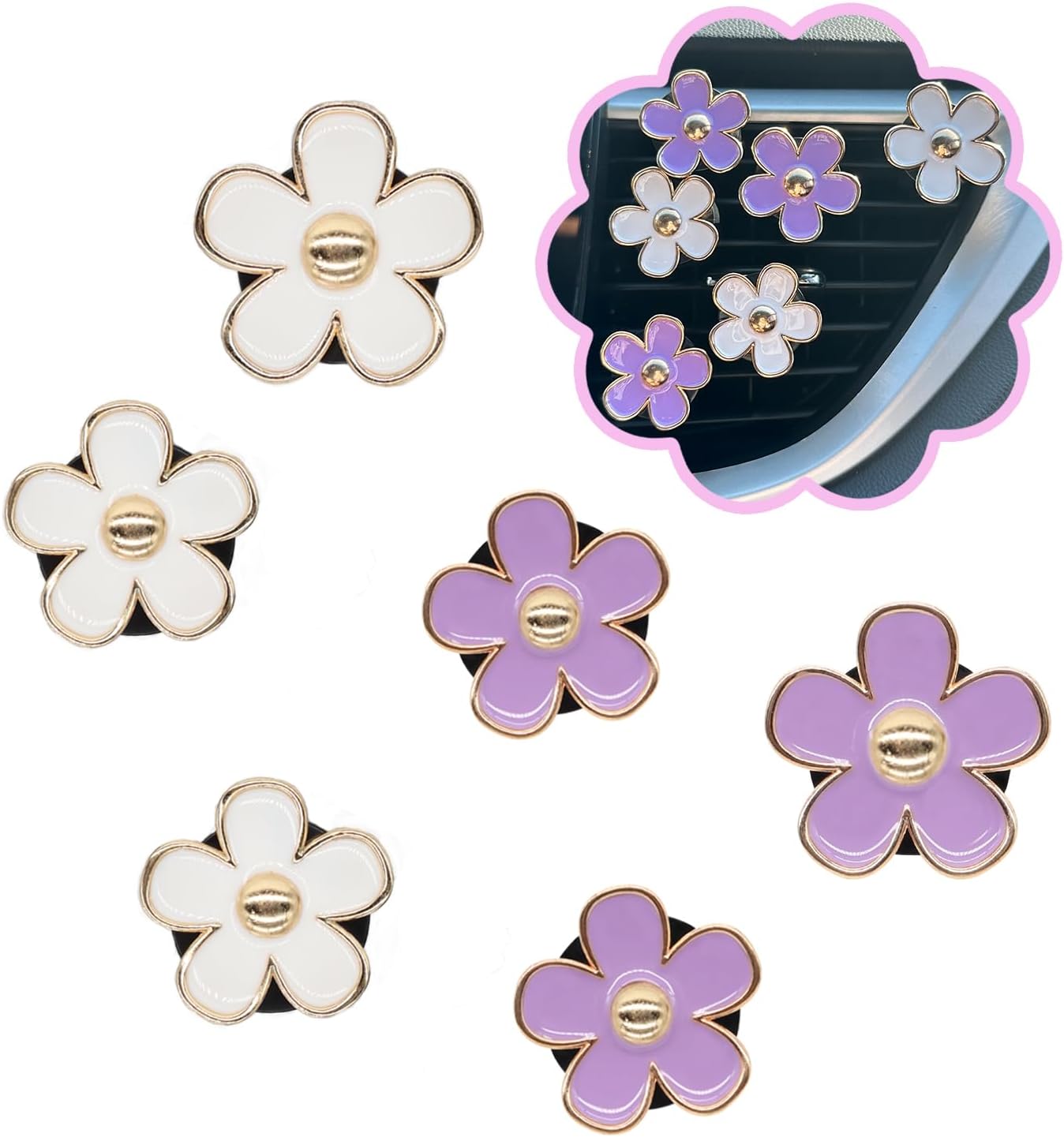 ORIESSE 6pcs Flowers Car Air Freshener Vent Clips Purple White Daisy Air Vent Clip Car Accessories for Women 3.3cm/3cm Flower Vehicle Interior Decor Refillable Diffuser