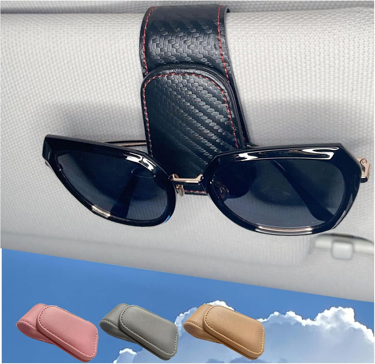 CHOSMOYI Magnetic Leather Sunglass Holder for Car, Sunglasses Clip for Car Visor, Auto Interior Accessories Universal for Different Size Eyeglasses (Black)