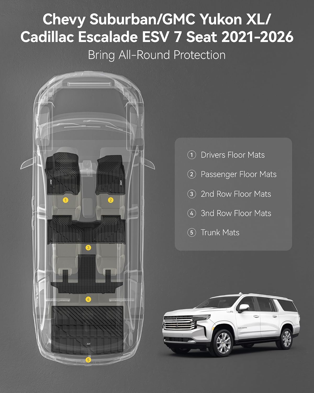 3W Floor Mats & Cargo Liner Fit for 2021 2022 2023 2024 2025 2026 Chevy Tahoe/GMC Yukon/Cadillac Escalade 7 Seat, TPE All Weather Custom Fit Car Accessories Heavy Duty Rubber Full Set Trunk Mats - Colors B
