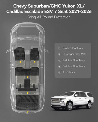 3W Floor Mats & Cargo Liner Fit for 2021 2022 2023 2024 2025 2026 Chevy Tahoe/GMC Yukon/Cadillac Escalade 7 Seat, TPE All Weather Custom Fit Car Accessories Heavy Duty Rubber Full Set Trunk Mats - Colors B