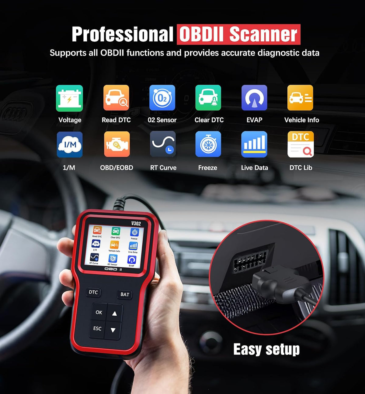 UMEIJA OBD2 Scanner with Upgrade Battery Tester - Diagnostic Tool for Cars That Check Engine Light & Emissions Readiness Read and Clears Vehicle Error Codes for All OBD II Protocol Vehicles Since 1996