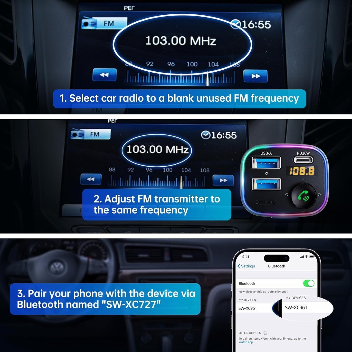 Syncwire Bluetooth 5.4 FM Transmitter Car Adapter 48W (PD 36W & 12W) [Light Switch] [HiFi Bass Sound] [Fast Charging] Wireless Radio Music Adapter LED Display Hands-Free Calling Support USB Drive