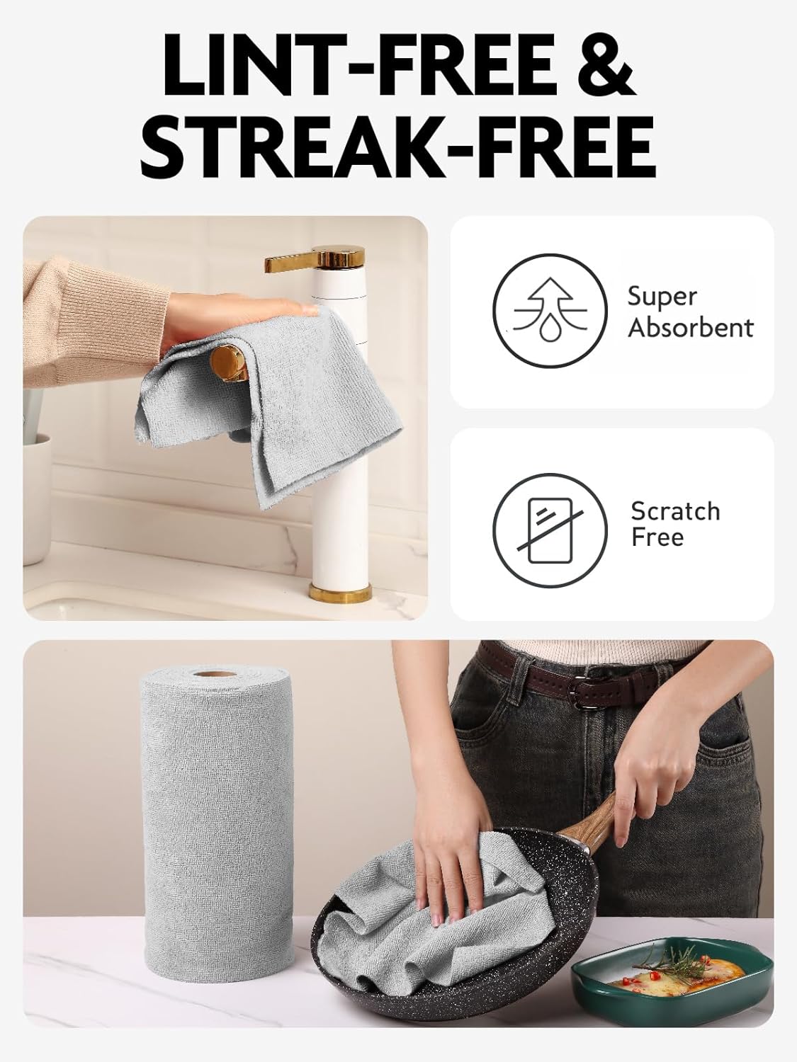 Fantasticlean Microfiber Cleaning Cloth Roll -75 Pack, Tear Away Microfiber Towels, 12" x 12", Reusable, Washable, Scratch Free, Ultra Absorbent for All-Around Cleaning Supplies (DimGray)