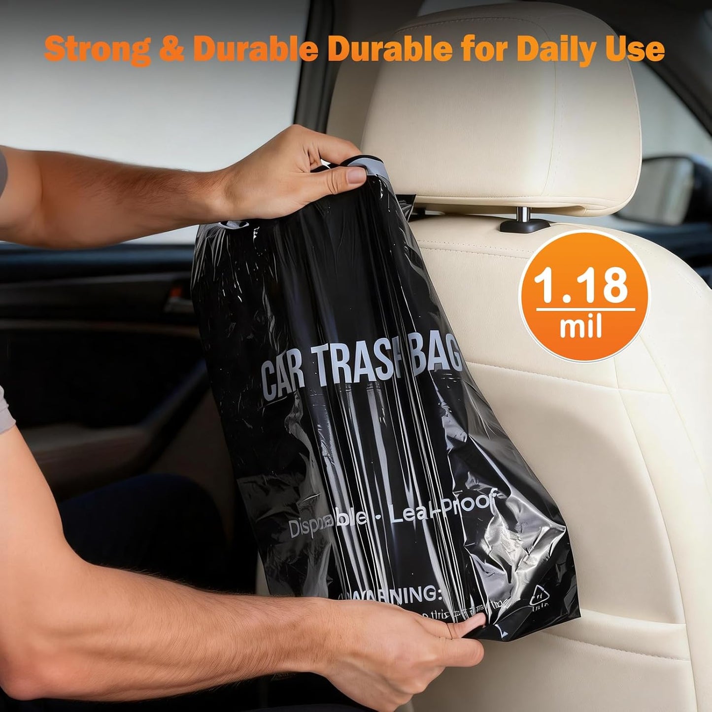 50 Count Recycled Disposable Car Trash Bags - 2.5 Gallon Heavy Duty Alternative to Bulky Car Trash Can & Car Garbage Can, Leakproof Smellproof Hanging & Stick-On Garbage Bag for Car, SUV, Truck