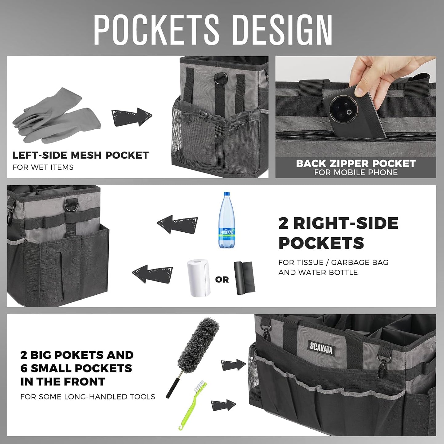SCAVATA Wearable Cleaning Caddy Bag, Supplies Organizer with Handle & Shoulder Straps for Housekeepers, Under Sink & Car Cleaning Tool Organizer with 4 Foldable Dividers (Black)